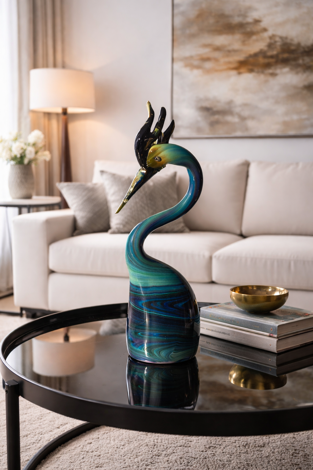 Murano Glass Aquatic Diving Bird Sculpture in Sinuous Azure and Emerald Tones