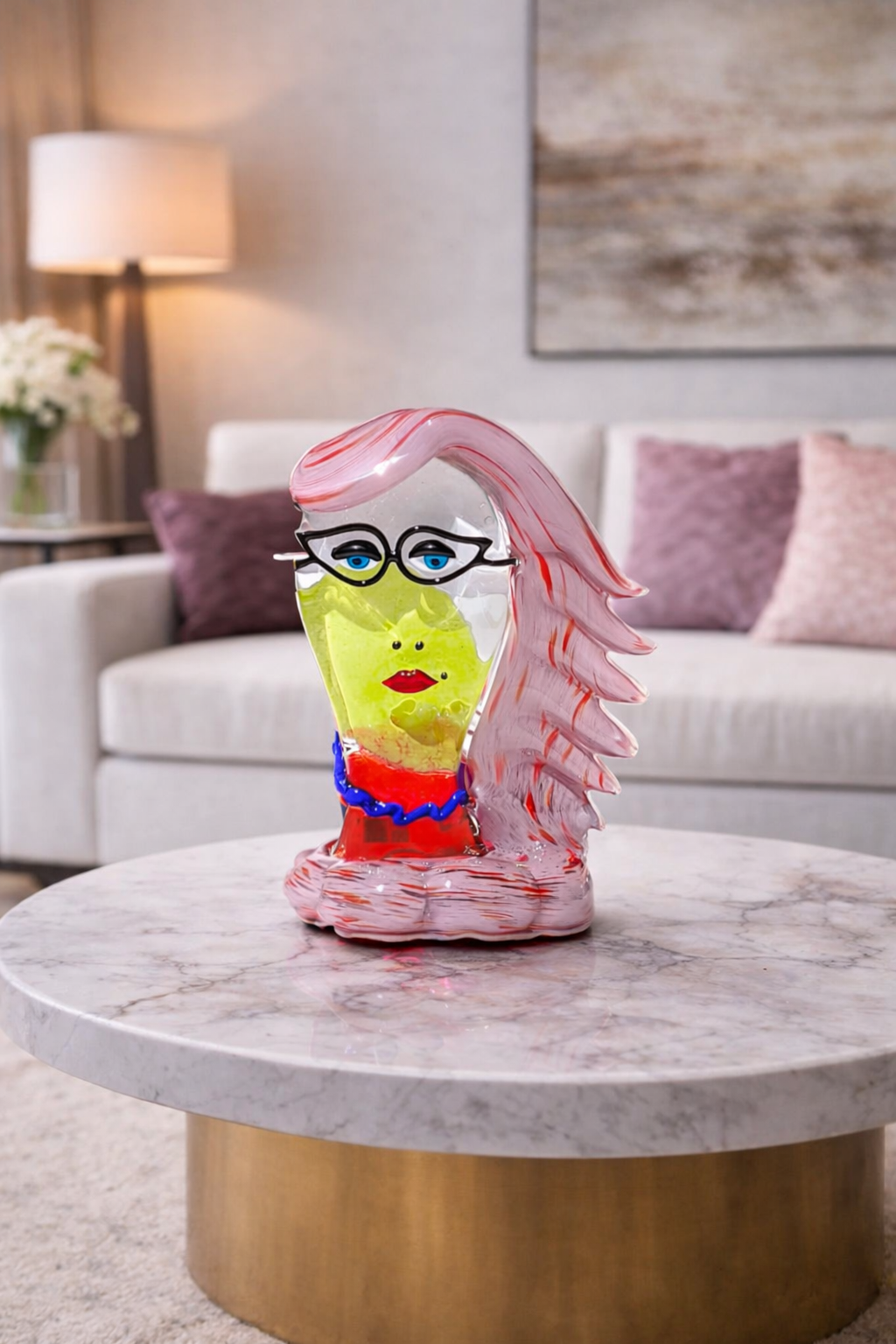 Murano Glass Avant-Garde Female Head Sculpture with Pink Hair and Cat-Eye Glasses