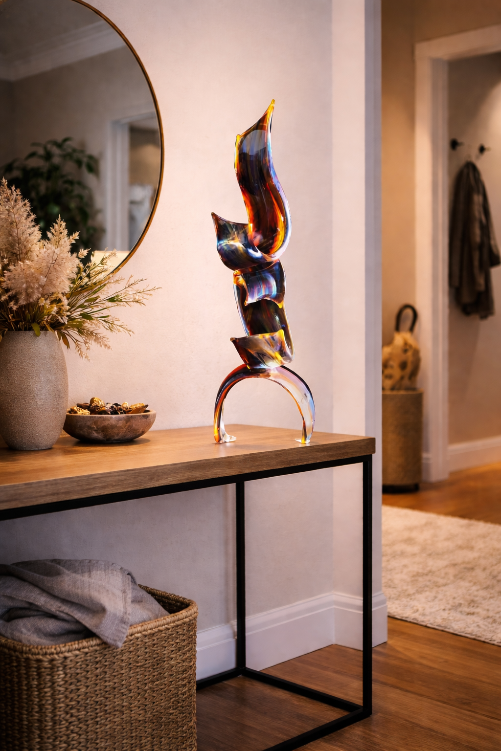 Large Murano Glass Abstract Vertical Ribbons Sculpture in Iridescent Chalcedony