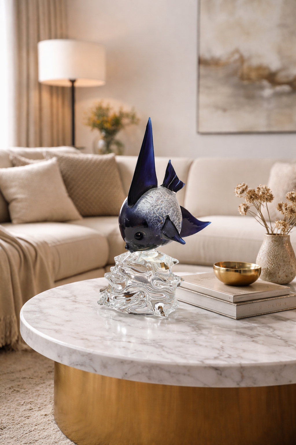 Murano Glass Nemo Moonfish Sculpture in Deep Blue and Silver Leaf