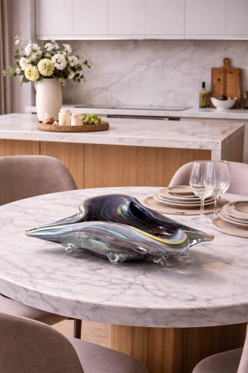Murano Glass Artistic Sea Shell Sculpture in Iridescent Chalcedony Tones