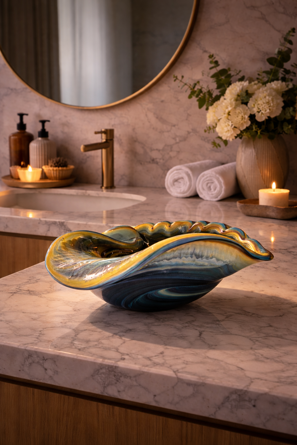 Nautical Shell Sculpture in Luminous Chalcedony and Gold Tones