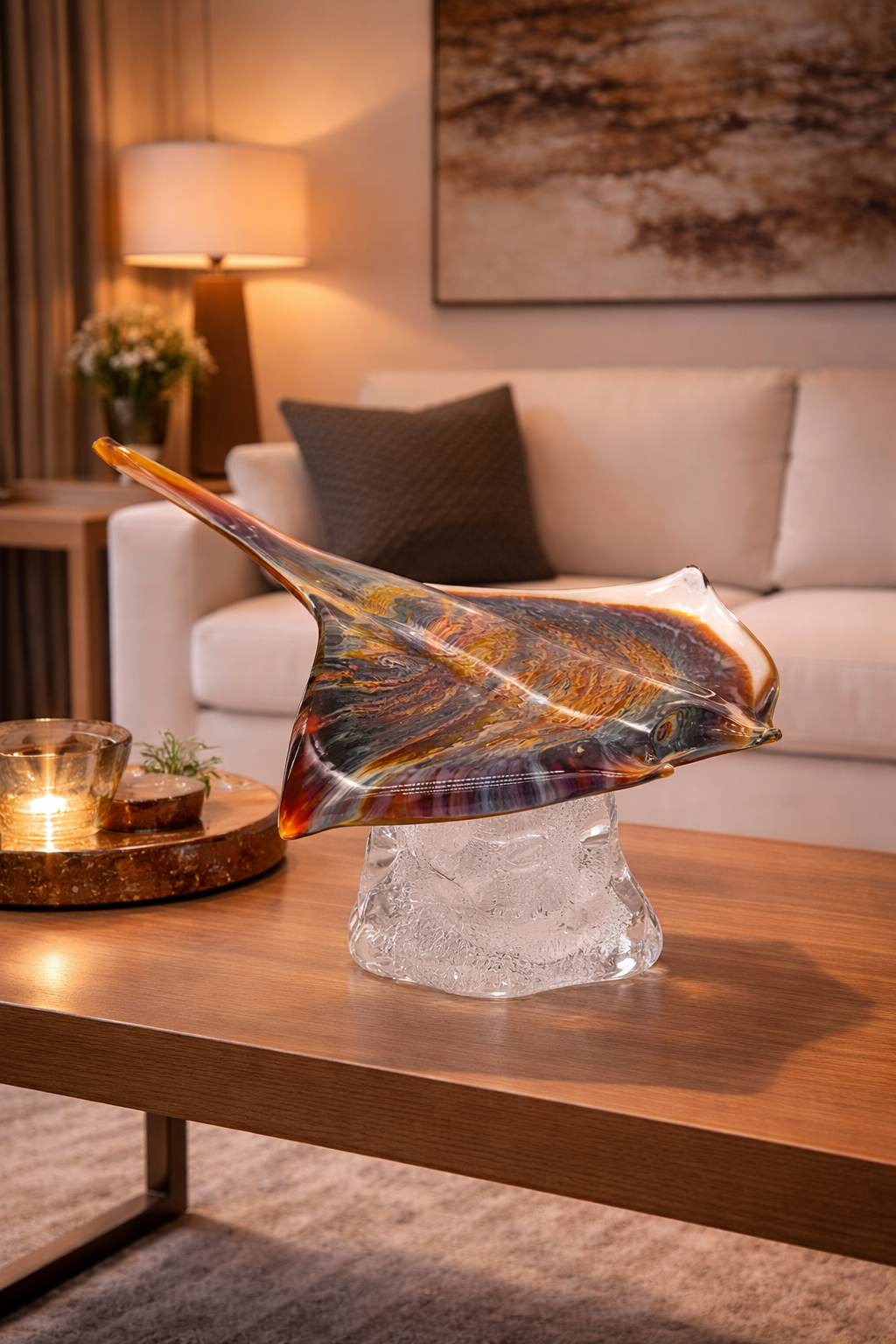 Stingray Sculpture in Multicolored Chalcedony with Crystal Base