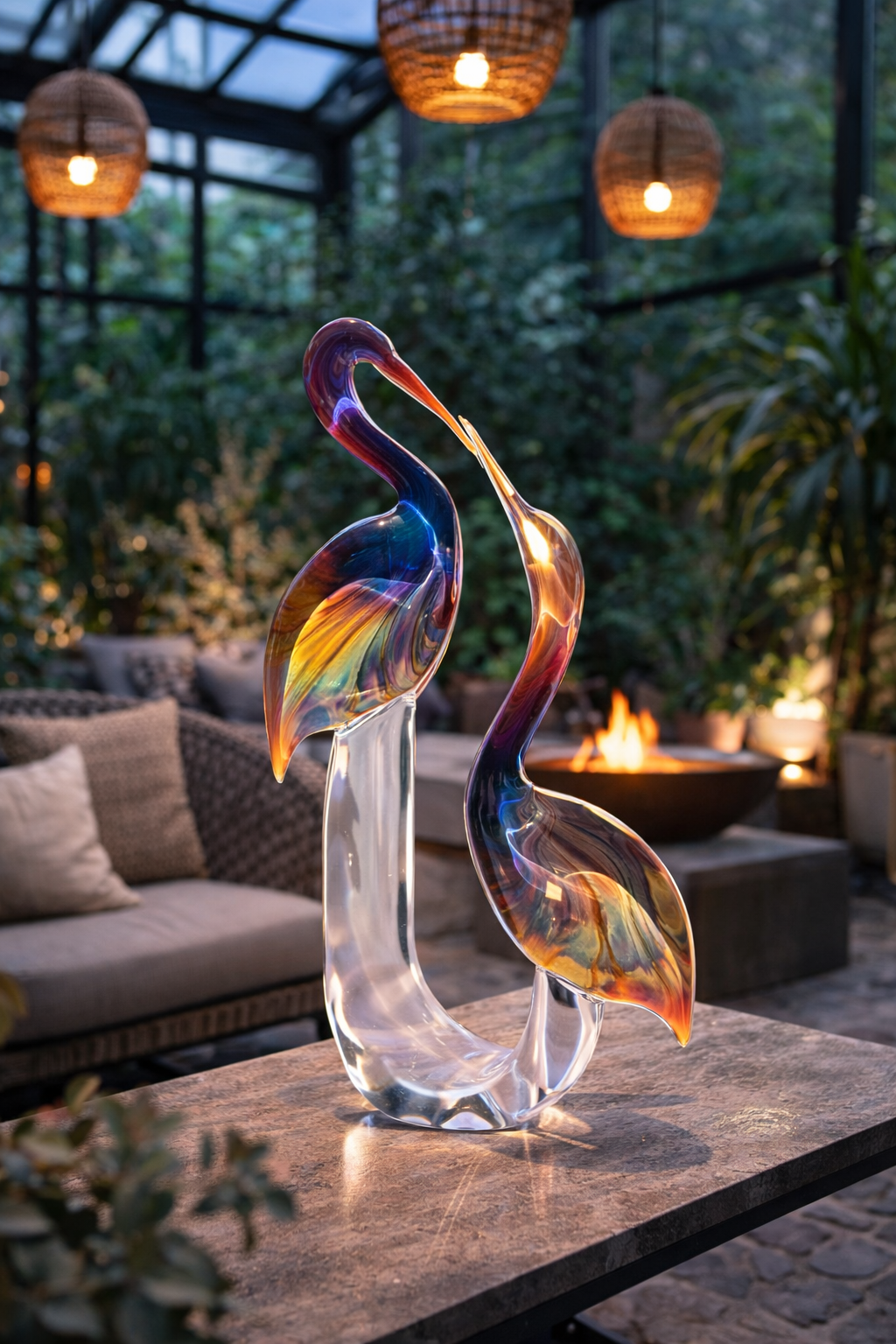 Murano Glass Dancing Flamingos Sculpture in Iridescent Chalcedony and Amber