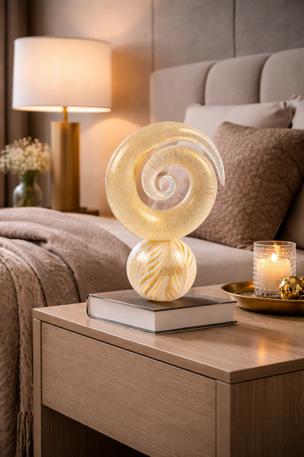 Murano Glass Abstract Spiral Sculpture with 24K Gold Leaf and Fenicio Filaments