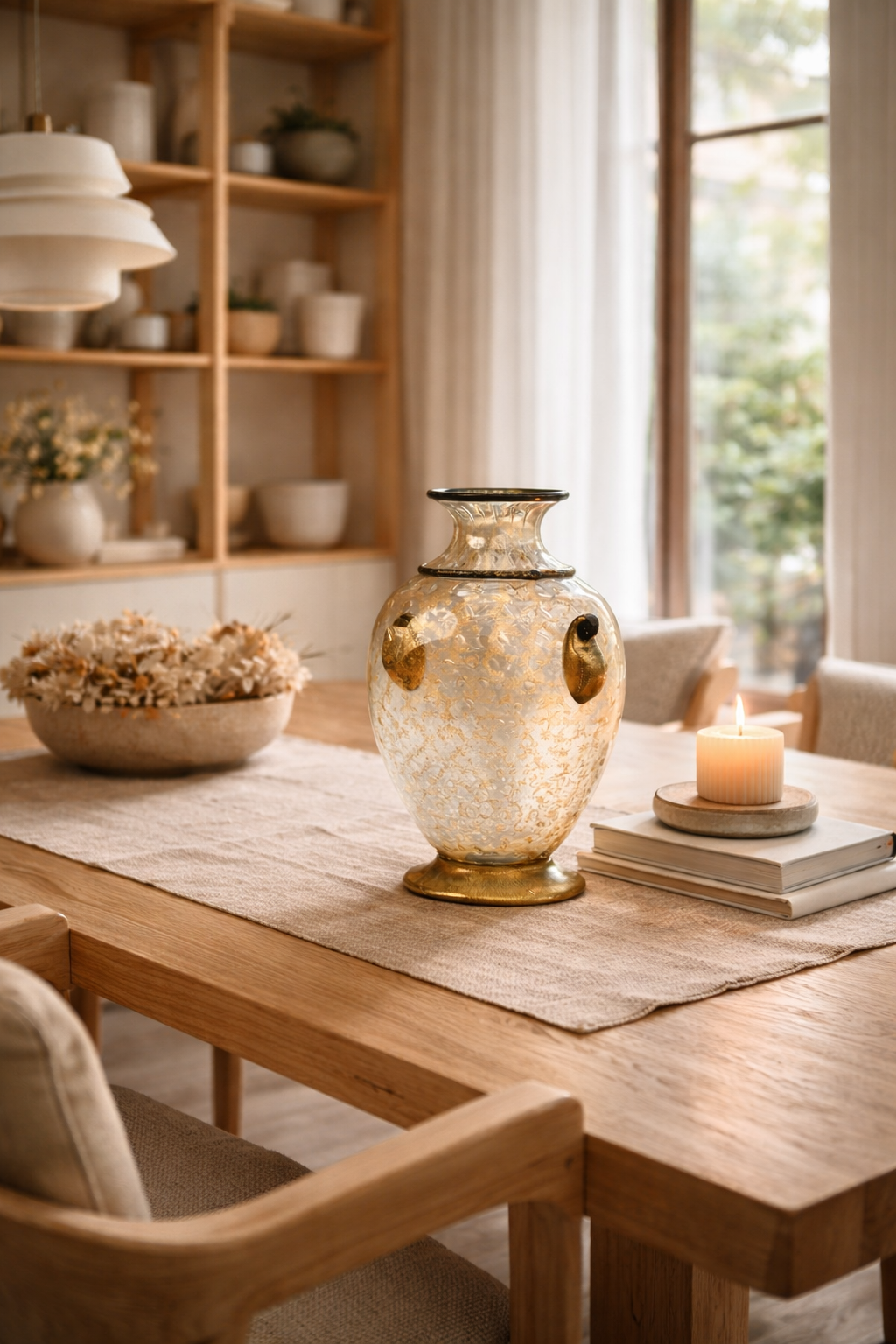 Classic Murano Glass Amphora Vase with 24K Gold Leaf and Black Handles