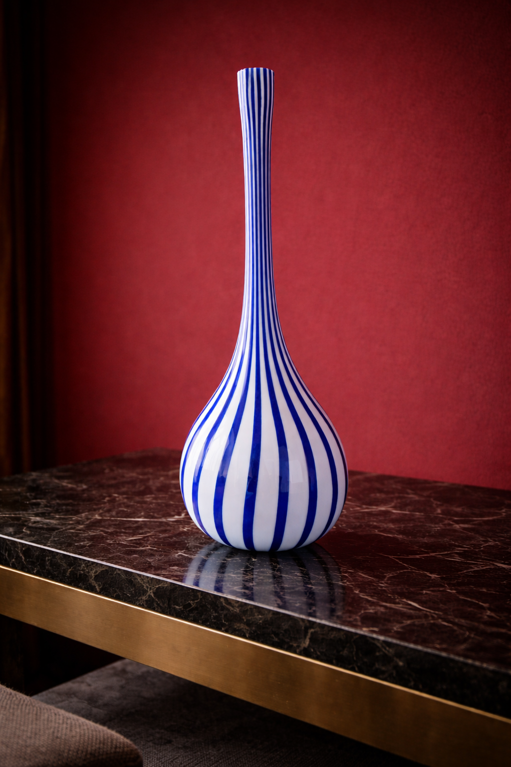 Modern Long-Neck Murano Glass Vase – Periwinkle Blue & Lilac Ribbon Design