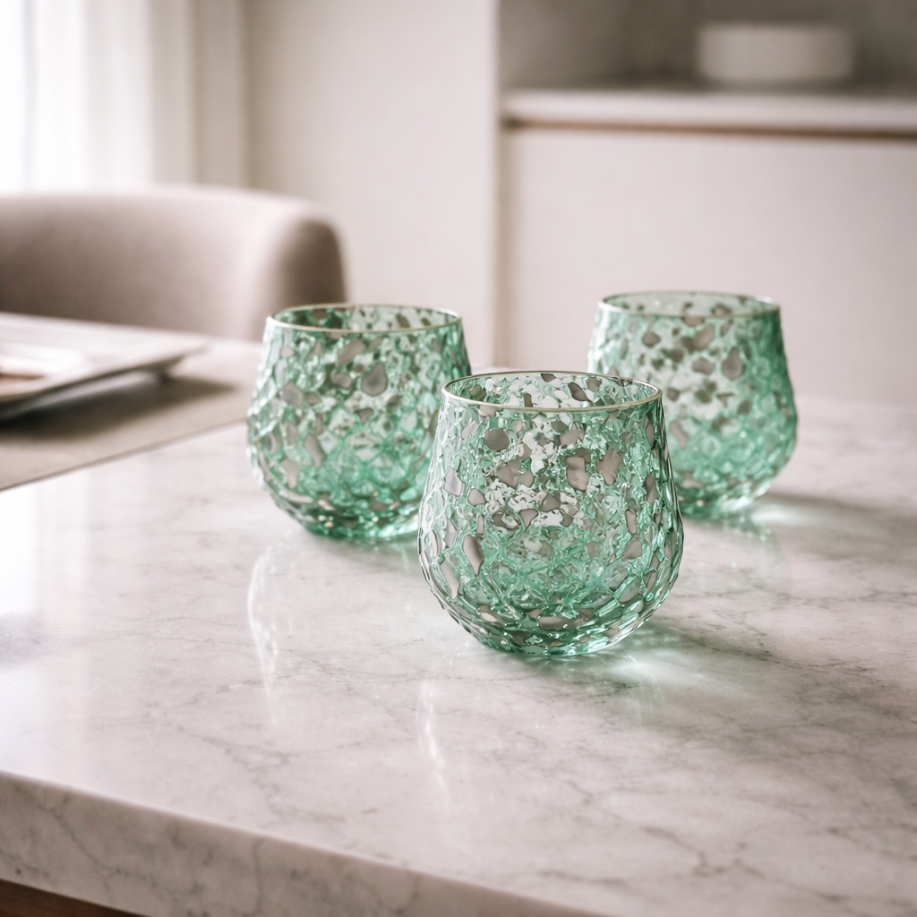 Set of 6 Emerald Green Murano Glass Tumblers – Traditional Ballotton Technique