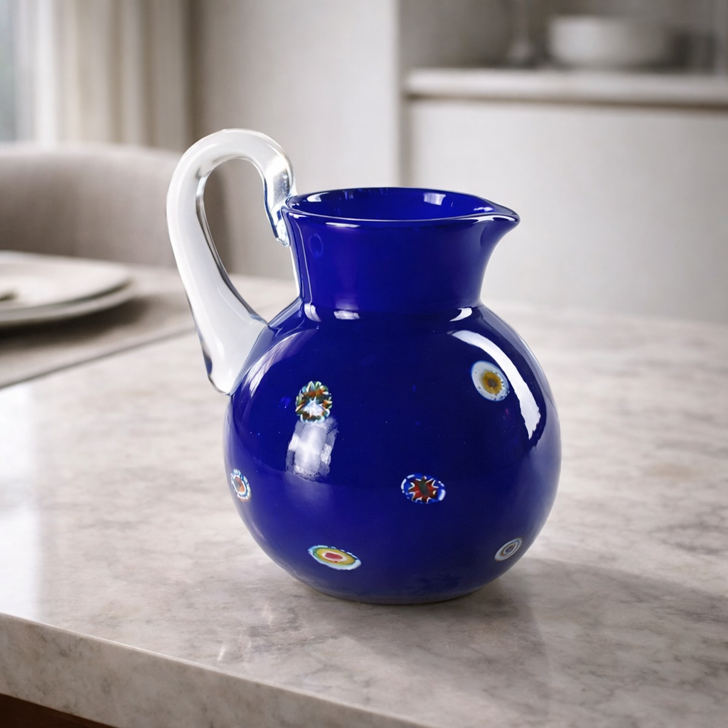 Blue Carafe with Colorful Murrine – Hand-Blown Pitcher with Clear Handle