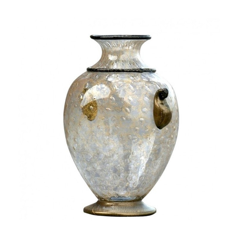Classic Murano Glass Amphora Vase with 24K Gold Leaf and Black Handles