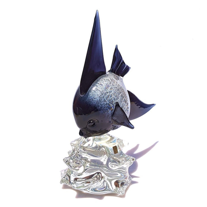 Murano Glass Nemo Moonfish Sculpture in Deep Blue and Silver Leaf