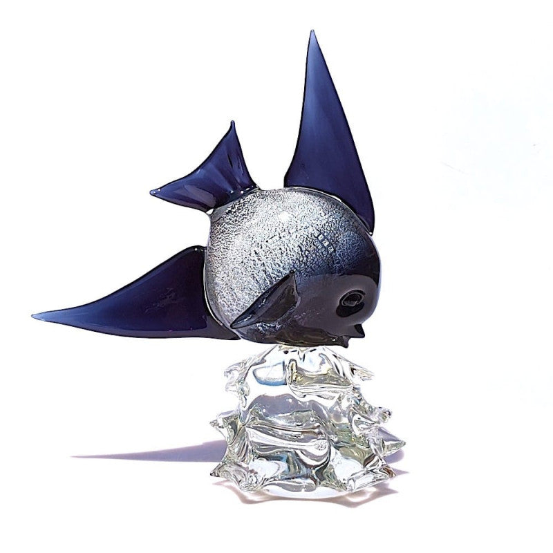 Murano Glass Nemo Moonfish Sculpture in Deep Blue and Silver Leaf