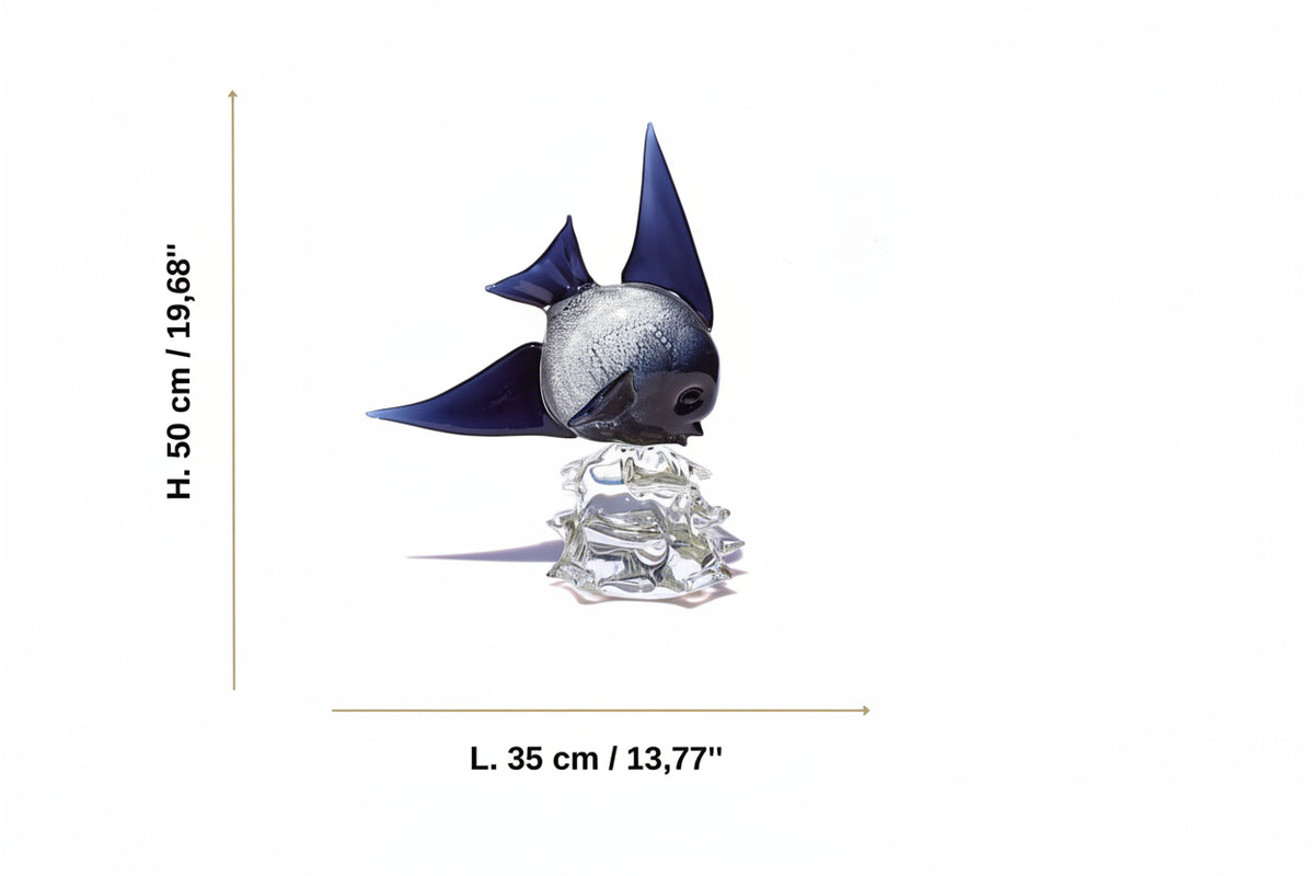 Murano Glass Nemo Moonfish Sculpture in Deep Blue and Silver Leaf
