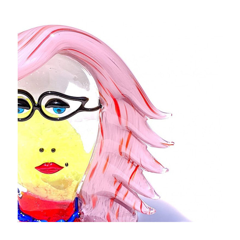 Murano Glass Avant-Garde Female Head Sculpture with Pink Hair and Cat-Eye Glasses