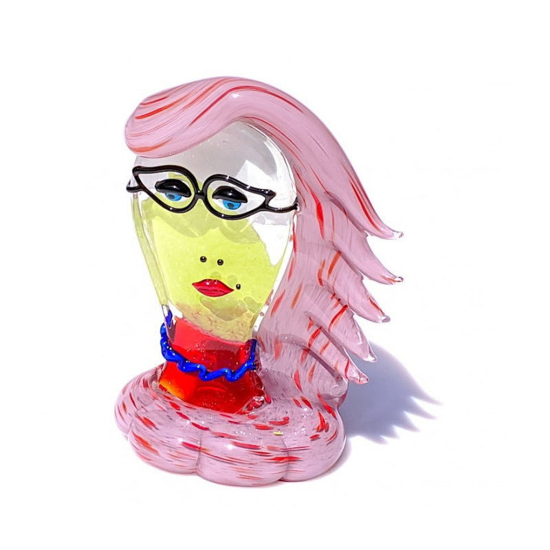 Murano Glass Avant-Garde Female Head Sculpture with Pink Hair and Cat-Eye Glasses