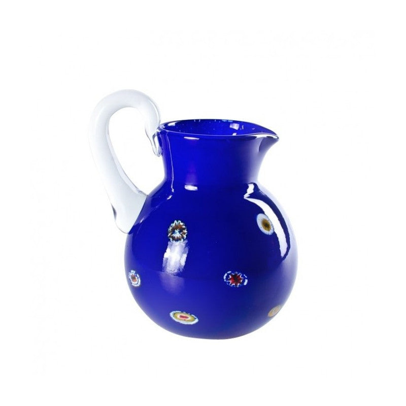 Blue Carafe with Colorful Murrine – Hand-Blown Pitcher with Clear Handle