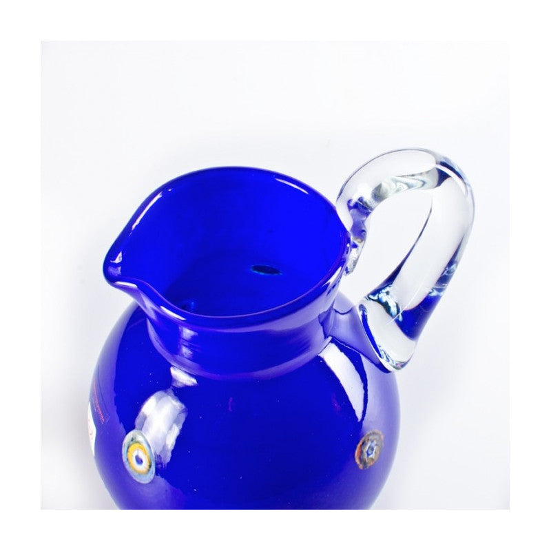 Blue Carafe with Colorful Murrine – Hand-Blown Pitcher with Clear Handle