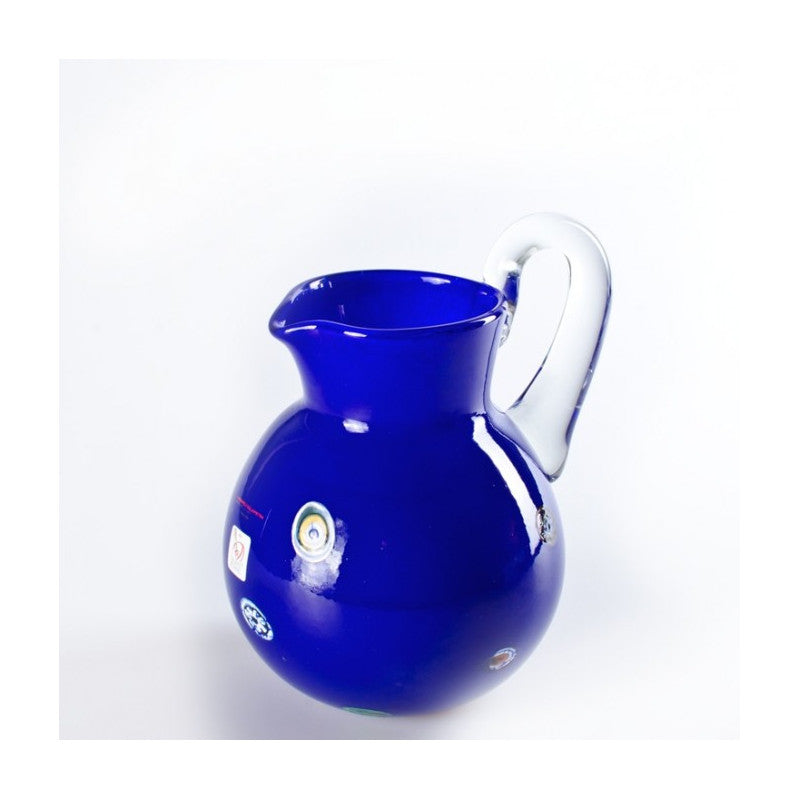 Blue Carafe with Colorful Murrine – Hand-Blown Pitcher with Clear Handle