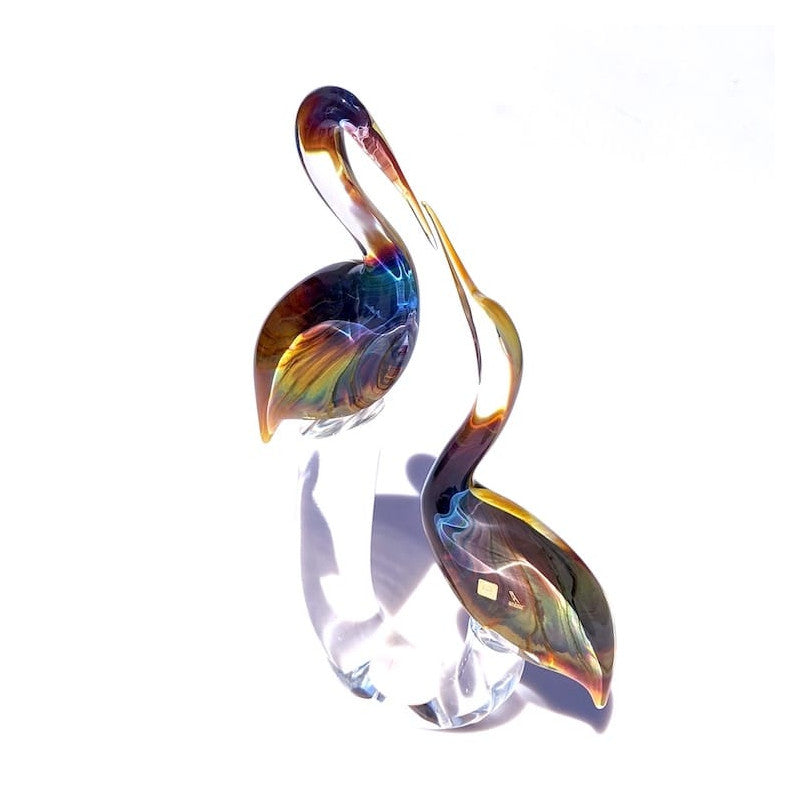Murano Glass Dancing Flamingos Sculpture in Iridescent Chalcedony and Amber