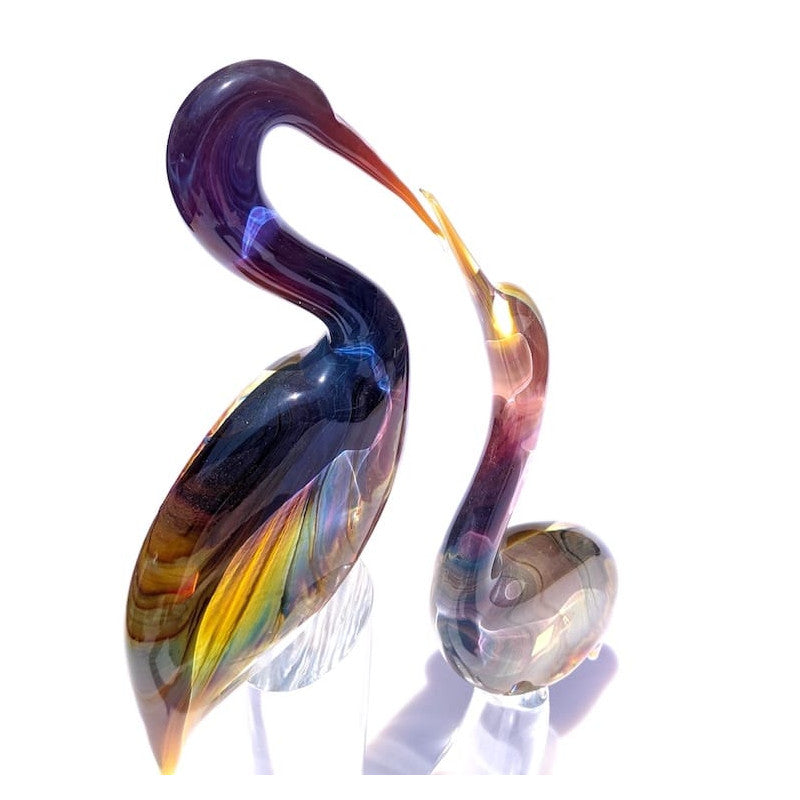 Murano Glass Dancing Flamingos Sculpture in Iridescent Chalcedony and Amber