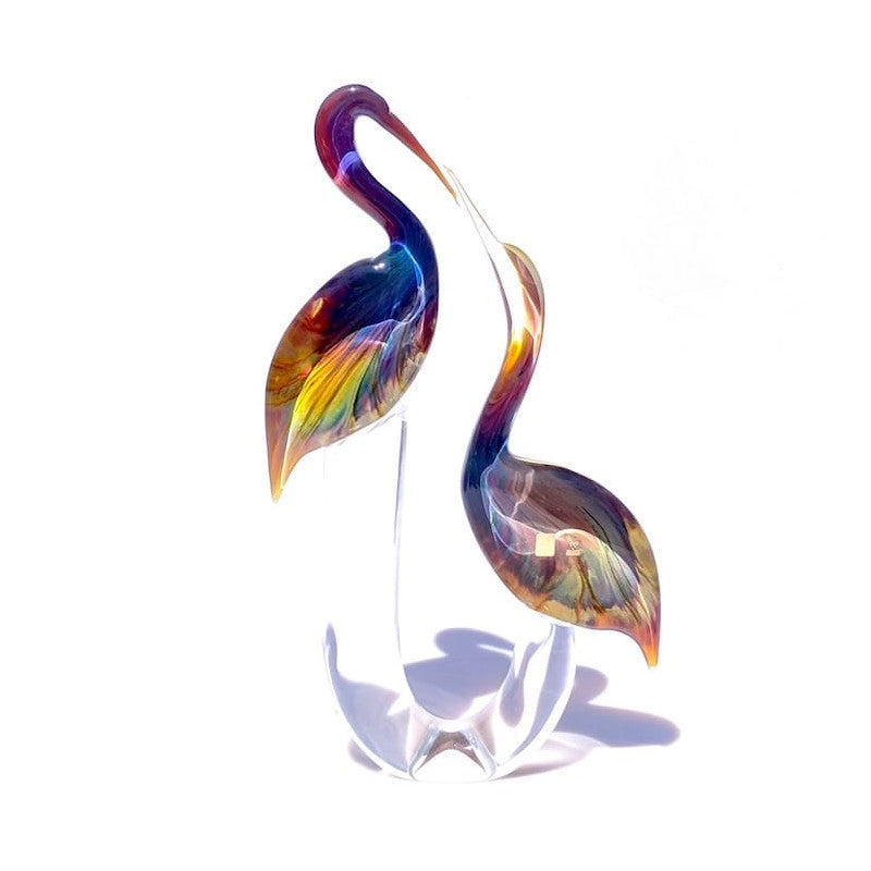 Murano Glass Dancing Flamingos Sculpture in Iridescent Chalcedony and Amber